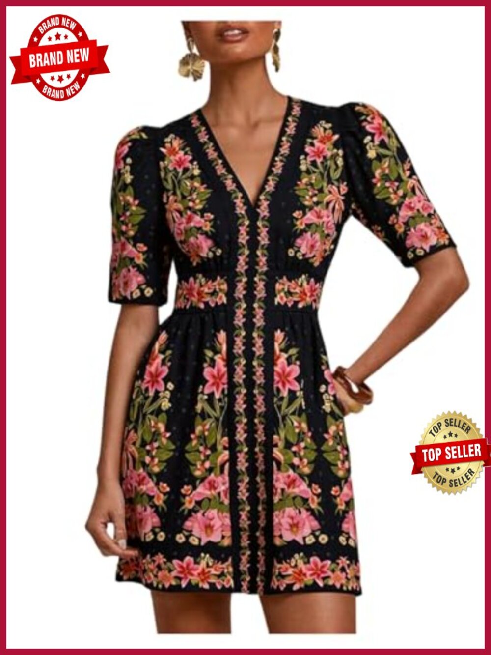 Tropical Puff Sleeve V Neck A-Line Mini Dress